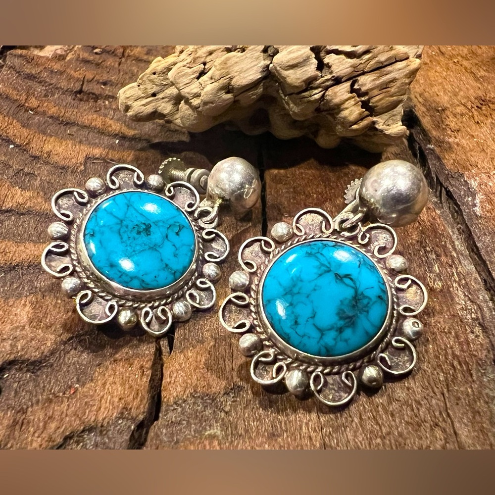 Antique Taxco Guad Mexico Silver Earrings Dangle Turquoise Flower Screw Back